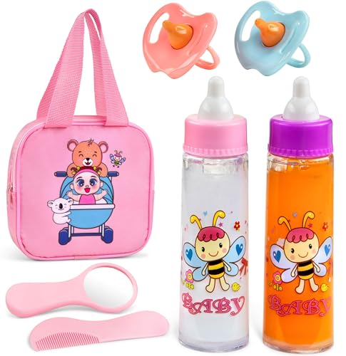 Baby Doll Set – 7 Piece Adorable Baby Doll Accessories with 2 Baby Doll Bottles, 2 Doll Pacifiers, Comb and Mirror – Baby Doll Toys for Kids in a Cute Bag with Handle – Disappearing Baby Doll Bottle
