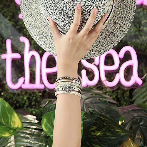 FANCY SHINY Tree of Life Leather Wrap Bracelet Inspirational Cuff Bangles Boho Pearl Bracelets with Clasp Unique Jewelry Gifts for Women(Beige)