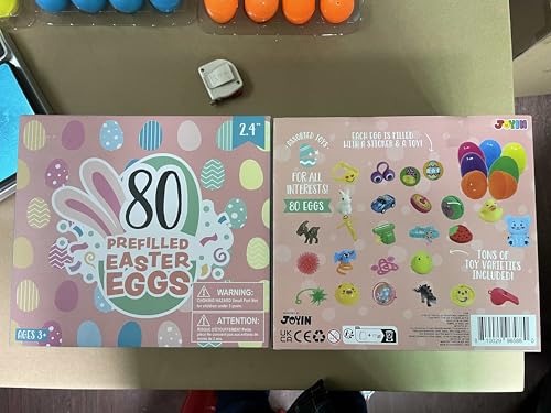 JOYIN 80 Packs Prefilled Easter Eggs with Toys and Stickers, Toys Fillers for Easter Egg Hunt, Basket Stuffers, Party Favors, Classroom Events