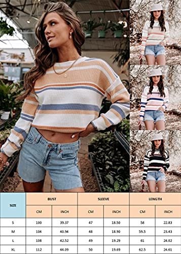 ECOWISH Women's Sweater Colorful Striped Sweaters Long Sleeve Crew Neck Casual Pullover Knit Blouse Tops 207 White Orange X-Large