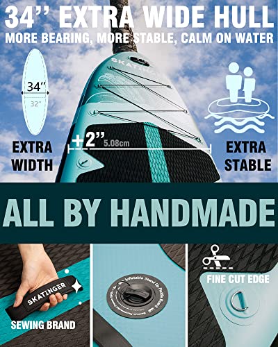 Skatinger 11'x34'' Extra Wide Inflatable Paddle Board, Up to 420lbsPaddle Boards for Adults, Stable Stand Up Paddle Board, 2 People/Family, Wide&Stable, Floating Paddle, Shoulder Strap, US Fin