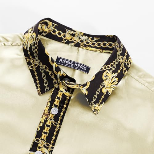 PJ PAUL JONES Mens Summer Jacquard Shirts Casual Short Sleeve Button Down Satin Shirt Dark Green S