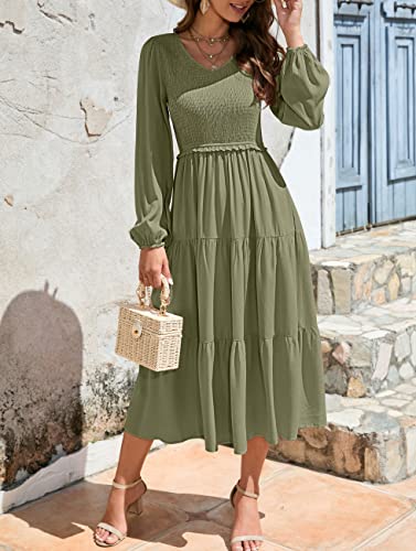 MEROKEETY Women's Long Ballon Sleeve V Neck Dress Smocked Casual Solid Ruffle Flowy Swing Dresses,Wine,M