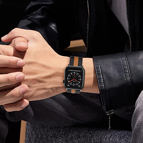 VAKS Compatible with Apple Watch Leather Band 41mm 40mm 38mm for Women Men, Genuine Leather WristBands Replacement Strap for iWatch Series SE2/8/7/6/5/4/3/2/1/SE, Black Brown Black