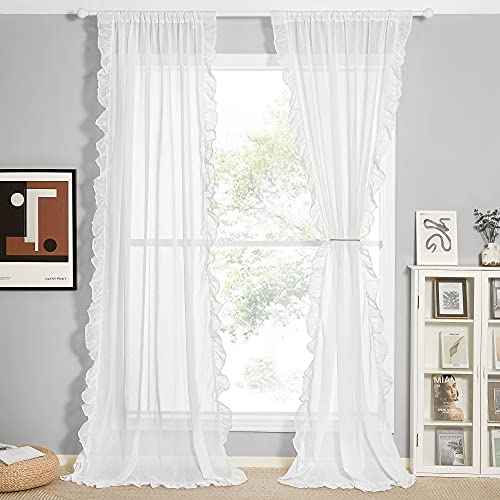 KGORGE White Linen Curtains for Living Room, Linen Blended Sheer Curtain with Shabby Chic Ruffle Trim, Farmhouse Window Curtains & Drapes for Kitchen Bedroom Bathroom, W52 x L84 inch, 2 Panels