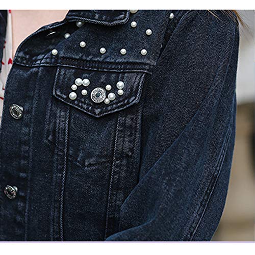Ainangua Cropped Jean Jacket Women's Pearl Oversized Distressed Short Bridal Embroidered Beading Denim Jacket (Black, XS)