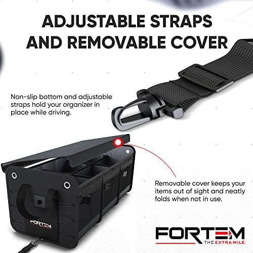 FORTEM SUV Trunk Organizer, Car Organizer, Collapsible Multi-Compartment Storage Bag for Car Accessories for Women Men, Non Slip Bottom, Adjustable Straps, Soft Cover 90L (Extra Large, Black)
