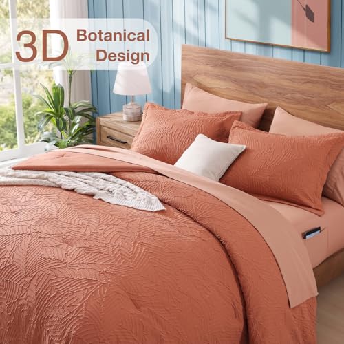 Geniospin Twin Comforter Set - 5 Pieces Burnt Orange Bedding Set, Botanical Textured Comforter Set, All Season Lightweight Bed in a Bag with Comforter, Sheets, Pillowcases & Shams