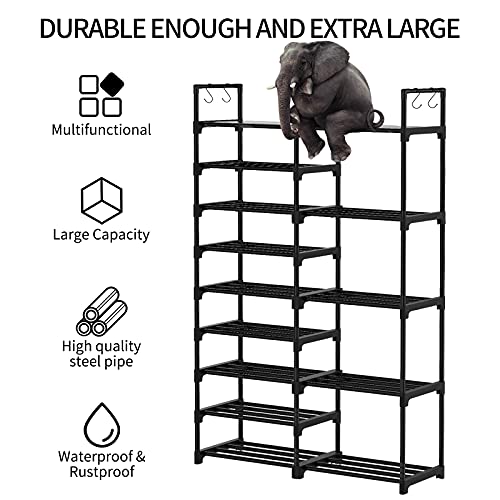 WOWLIVE 8 Tiers Black Narrow Tall Shoe Rack Organizer Metal Shoe Rack Shelf for Entryway Garage 32-36 Pairs Stackable Shoe Rack for Closet Shoe Storage with Side Hooks