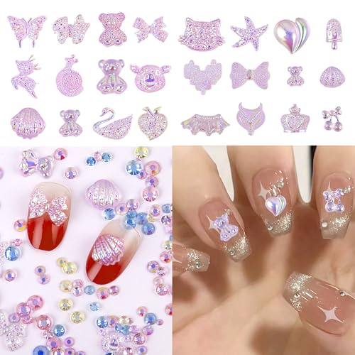2 Boxes Variety Assorted White Nail Rhinestones Charms Acrylic White Heart Bow Animal Fruit Shapes 3D Cute Nail Charms for Manicure DIY Crafts Accessories