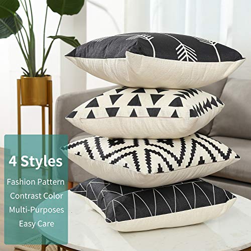 Tosewever Set of 4 Decorative Geometric 16 x 16 Inches Throw Pillow Covers - Modern Pattern Linen Square Pillow Cushion Case for Sofa Couch Bed Home Outdoor Car (16" x 16", Black)