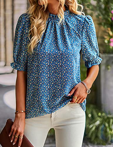 Women's Summer Shirt Top Ruffle Short Sleeve Frill Trim Mock Neck Solid 2024 Casual Blouses Shirts Tops Purple Red M