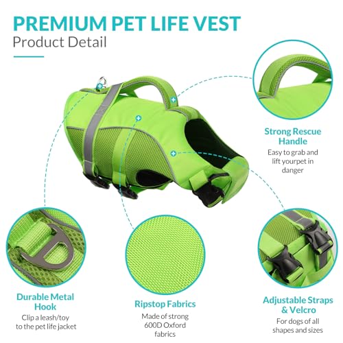 Queenmore Dog Life Jacket, Adjustable Ripstop Dog Life Vest for Swimming Boating, Dog Lifesaver with Superior Buoyancy and Rescue Handle, Dog Swimming Vest for X-Small Dogs(Green,XS)