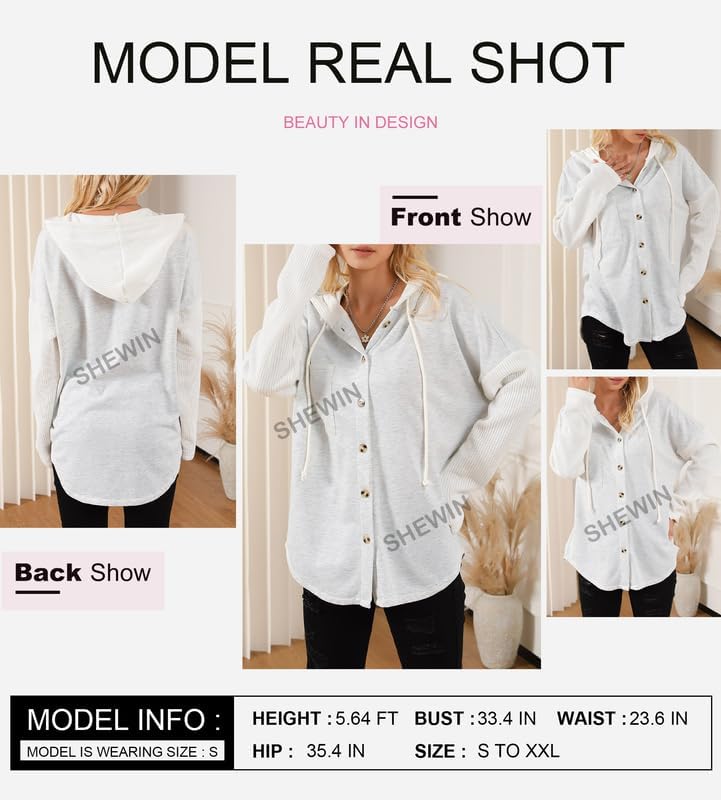 SHEWIN Womens Fall Fashion 2024 Casual Long Sleeve Button Oversized Sweatshirts Hoodie Knit Drawstring Solid Hooded Jackets with Pocket,(US 18-20) 2XL,Gray