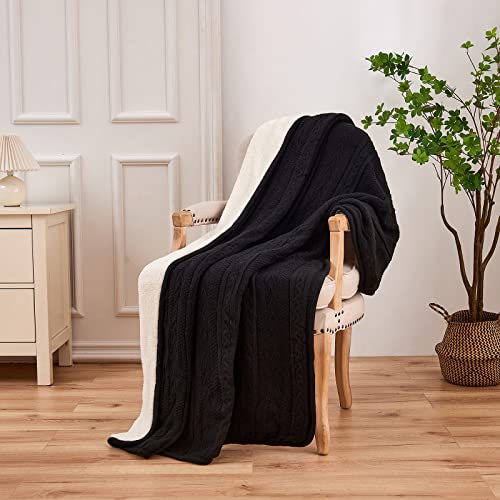 Longhui bedding Sage Green Acrylic Cable Knit Sherpa Throw Blanket - Thick, Soft, Big, Cozy Knitted Fleece Blankets for Couch, Sofa, Bed - Large 60 x 80 Inches Coverlet All Season