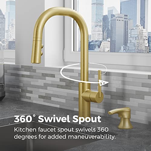 Pfister Zanna Kitchen Faucet with Pull Down Sprayer and Soap Dispenser, Single Handle, High Arc, Brushed Gold Finish, F5297ZNRBG