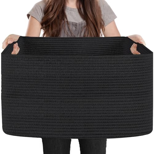 MEGASKET Extra Large Rectangle Storage Basket, 23.6" x 17" x 12" Black Blanket Basket Storage for Living Room, Large Soft Woven Cotton Rope Basket, Kids Toy Baskets Organizer Bins, Wicker Basket