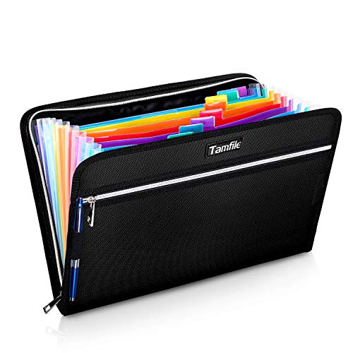 Tamfile Fireproof Accordion File Organizer with Handle, 13 Pocket Expanding File Folder with Zipper & Labels, File Folder with Multi-Pockets Paper Organizer Folder for Letter A4 Files, Blue