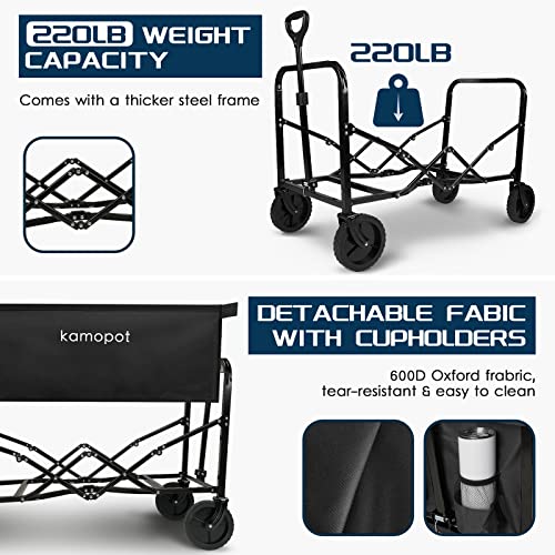 Kamopot Large Collapsible Wagon Foldable for Grocery, Beach, Park, Yard, 34 x 18 Inch Inner Storage. Folding Utility Shopping Cart on Wheels. Heavy Duty, Durable w/Cupholders (Black)