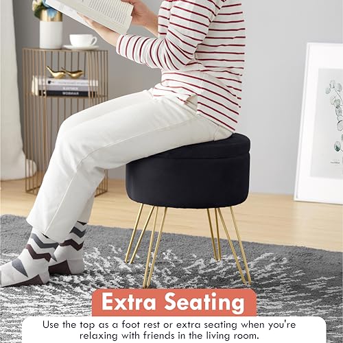 Ornavo Home Modern Round Velvet Storage Ottoman Foot Rest Stool/Seat with Gold Metal Legs & Tray Top Coffee Table - Black