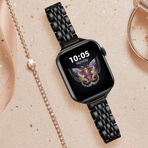 Lerobo Stylish Slim Metal Band Compatible for Apple Watch Bands 44mm 45mm 46mm 49mm 42mm(Series 3/2/1 for Women Dressy Stainless Steel Wristband for iWatch Ultra Series 10 9 8 7 6 5 4 3 2 1 SE,Black
