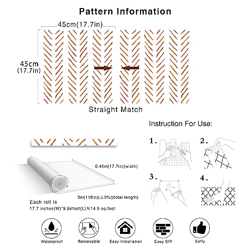 HAOKHOME Boho Peel and Stick Wallpaper Brush Strokes Stripes Removable Terracotta/White Chevron Vinyl Self Adhesive Mural 17.7in x 9.8ft