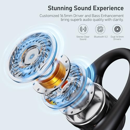 YMOO Open Ear Wireless Bluetooth 5.2 Headphones for Running, IPX4 Waterproof Air Conduction Headphones, 16.5mm HiFi Headphones, 40ms Low Latency, 34H Gaming Earbuds for Treks,Exercise,Tour (Black)
