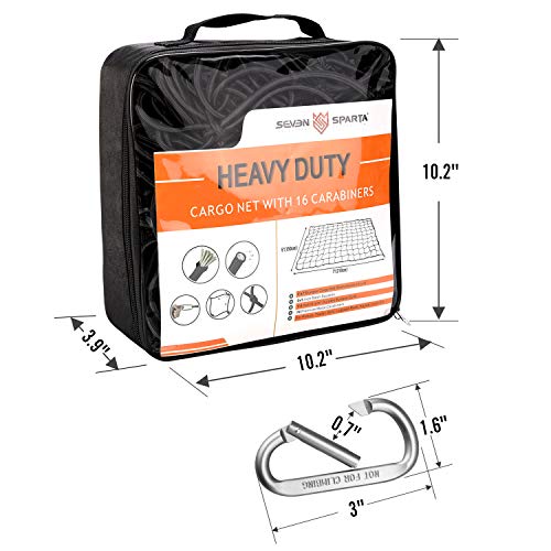 Seven Sparta 5’ x 7’ Bungee Cargo Net Stretches to 10' x 14' for Truck Bed, Pickup Bed, Trailer, Trunk, SUV with 16 Bonus D Clip Carabiners Car Organizer Net for Large Loads (Black)