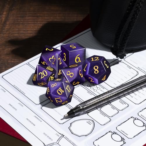 LUCKY-M Cat Eye DND Dice Sets, Gemstone Dice for Dungeons and Dragons, Stone Dice D&D Accessories RPG Dice MTG Women Gift (CE-Purple Red)
