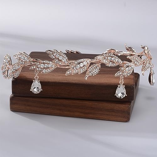 MR Crystal Leaf Wedding Tiara for Bride, Bridal Forehead Diadem Headband, Gold Costume Party Crown Headpiece Festival Holloween Hair Accessories for Women