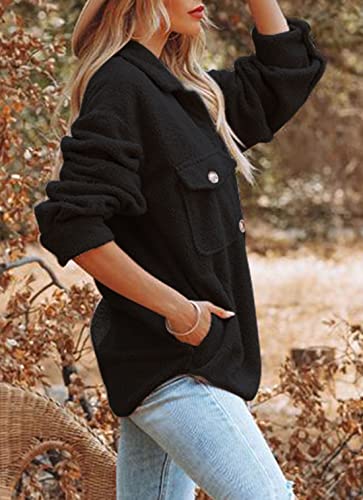 Nirovien Womens Oversized Fleece Jakcets Button Down Sherpa Shacket Fuzzy Coats Casual Warm Teddy Outwear with Pockets(Black,S)