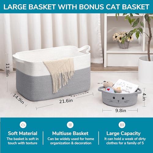 Goodpick Toy Basket, Large Basket Blanket Storage for Living Room, Baskets for Gifts Empty, Nursery Laundry Basket for Dirty Clothes Pillows Towel, 21.6" x 14.9" x 11.8", White & Grey