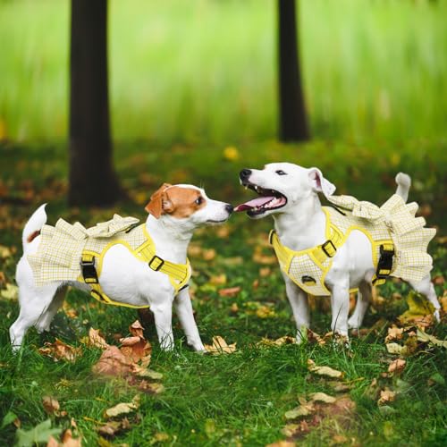 ASENKU Plaid Dog Dress Harness Leash Set, Bow Tie Dress Harness Leash Set for Small Medium Dog Cats Girl Chihuahua Yorkies Pet Outfits