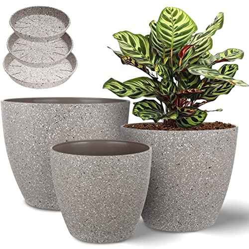 Vanavazon Plant Pots 9/8/7 Inch Set of 3 Flower Pots Indoor Outdoor Plastic Planters with Drainage Hole and Tray (Speckled Beige)