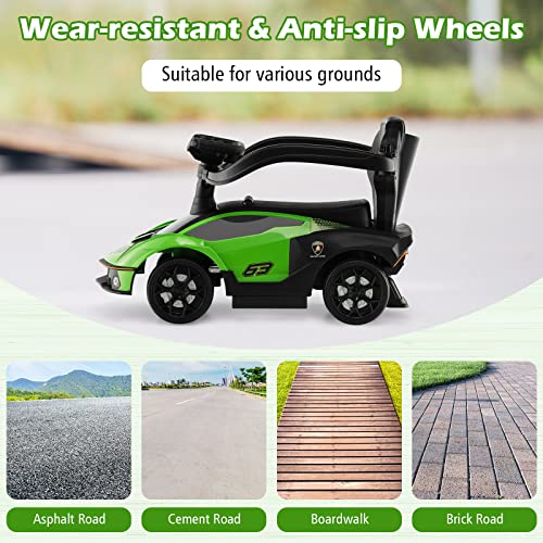 Costzon Push Cars for Toddlers, 3 in 1 Licensed Lamborghini Stroller Sliding Walking Car w/Handle, Armrest Guardrail, Underneath Storage, Horn, Foot-to-Floor Ride On Toy for Boys Girls (Green)