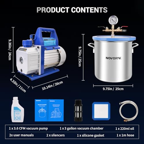 novorik 3 Gallon Vacuum Chamber with 3.6 CFM Pump, Single Stage Vacuum Pump and Vacuum Chamber Kit with Acrylic Lid for Stabilizing Wood, Degassing Silicone Resin, Epoxies
