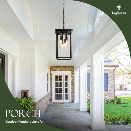 lighceac 10" Modern 4-Light Exterior Black Square Lantern Pendant Light Fixture with Clear Glass Industrial Hanging Cage Chandelier for Outdoor Porch Kitchen Island Dining Room Hallway Entryway Foyer