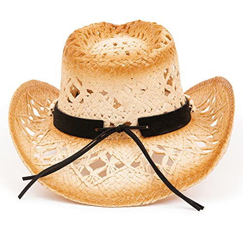 TOVOSO Straw Cowboy Hat for Women and Men with Shape-It Brim, Western Cowboy Hat, Beads - Tea Stain