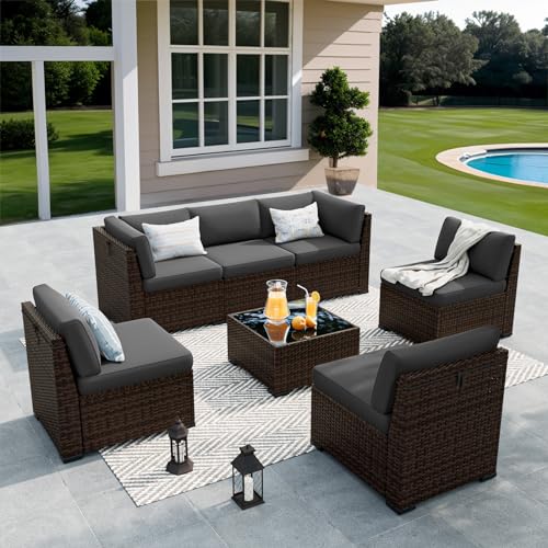 VONZOY Patio Furniture Set, 7 Pieces Outdoor Sectional Sofa Set with Waterproof Cover, PE Wicker Rattan Slanted Back Outdoor Conversation Set with Cushions and Glass Coffee Table, Dark Grey