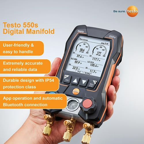 testo 550s AC Manifold Gauge Set – Manifold Gauges Hvac and Refrigeration – Incl. 2x testo 115i Pipe Clamp Thermometer, 1x testo 552i Micron Gauge and a Set of 3 Hoses – with Bluetooth