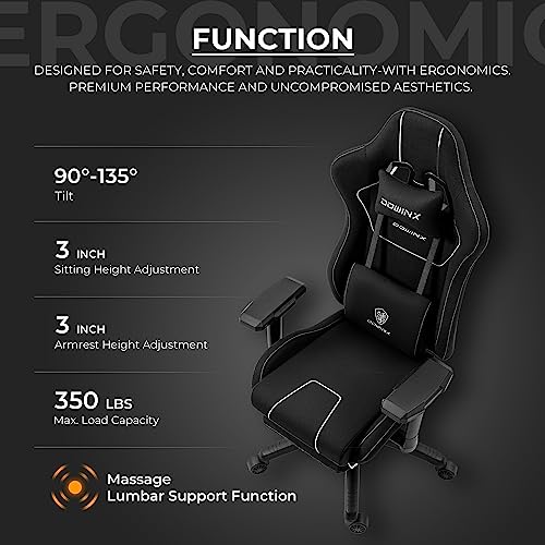 Dowinx Gaming Chair Tech Fabric with Pocket Spring Cushion, Ergonomic Computer Chair with Massage Lumbar Support and Footrest, Comfortable Reclining Game Office Chair 300lbs for Adult, Black