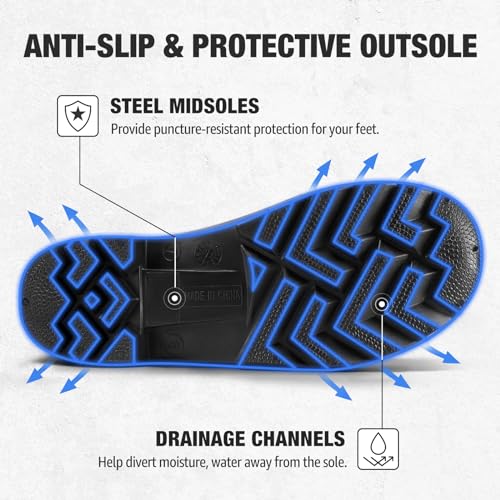 NINGO Men's Steel Toe Rain Boots, Waterproof Rubber Boots, Seamless PVC Rainboots, Puncture and Slip Resistant, Outdoor Fishing Gardening Boots for Men, for Agriculture and Industrial Working