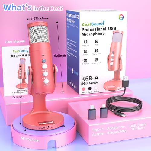 ZealSound USB Microphone,192kHz,3 Capsule,4 Pickup Patterns,RGB Computer Microphones with Mute/Volume Knob/Monitor/Noise Cancel,K66 Plus Condenser Mic for Gaming Podcasting YouTube Stream on Mac