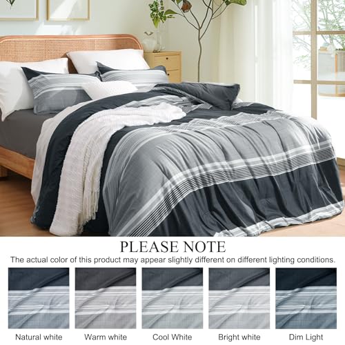 PHF Twin Comforter Set - 2 Pieces Soft Striped Bedding Comforter Sets, Charcoal Grey Stripe Fluffy Bed Set for All Season, 1 Lightweight Comforter (68"x90") and 1 Pillowcases (20"x26")