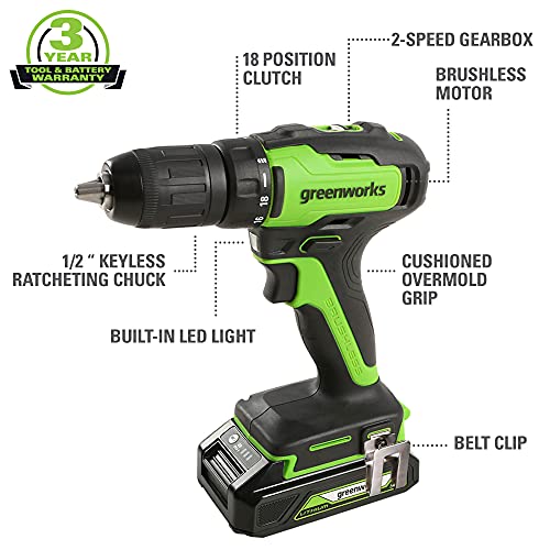 Greenworks 24V Brushless 310 in./lbs Drill / Driver + 2650 in./lbs Impact Driver Combo Kit, (2) USB (Power Bank) Batteries and Dual Port Charger Included LED Light, 2pcs Driving Bits with Tool Bag