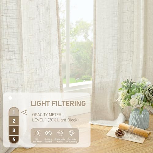 LAMIT Natural Linen Curtains for Bedroom, 84 Inch Faux Linen Textured Light Filtering Drapes Back Tab and Rod Pocket Window Panels for Living Room, Set of 2 Panels, 52 x 84 Inch, Light Grey