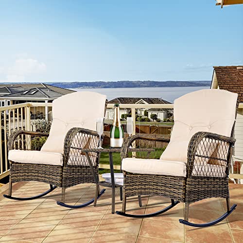 SENSWEET Wicker Rocking Chairs Set of 2, Rattan Patio Rocking Chairs, All-Weather Rocker Lawn Wicker Furniture for Porch Deck Garden Backyard(Beige)