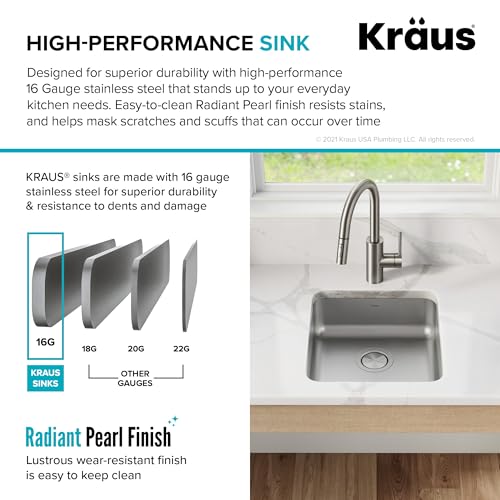 KRAUS Dex 17-inch Undermount 16 Gauge Stainless Steel Single Bowl ADA Kitchen Sink, KA1AS17B