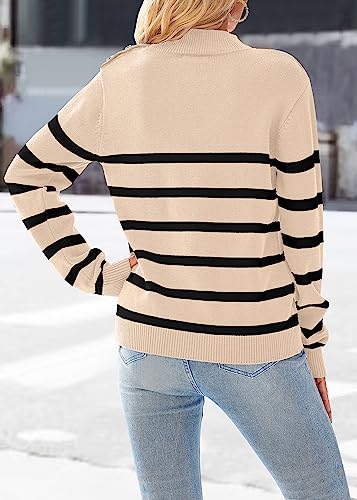 KIRUNDO Women's 2024 Fall Winter Long Sleeve Knit Sweater Turtleneck Striped Loose Pullover Tops Deco with Metal Buttons(Medium, Gray)