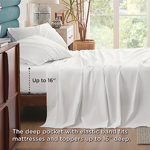 Bedsure Brushed Sheets Queen Size, 100% Cotton Sheets for Queen Size Bed, Extra Soft Pure White Sheets, Warm Bed Sheets with Deep Pocket up to 16", 4 Pieces Bedding Sheets & Pillowcases